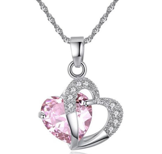 Heart Shaped Crystal Pendant with Silver Plated Necklace - Pink Panther